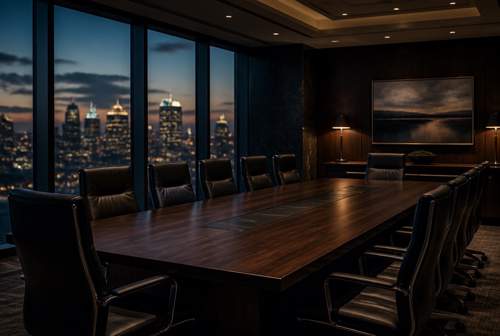 Sala de reunião executiva ao entardecer